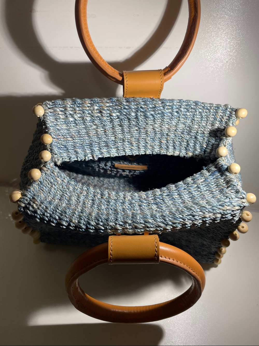 ARNAZ Philippines Blue Woven Straw Handbag Mini Tote Leather Ring Handles Beads - Picture 14 of 14